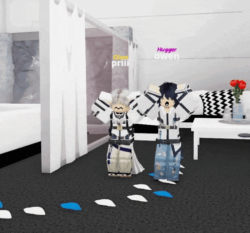 a couple of people standing next to each other with the words hugger written on the wall