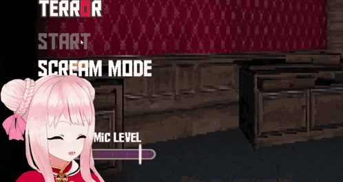 a girl with pink hair is standing in front of a sign that says terror scream mode and mic level