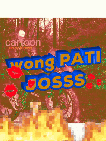a cartoon of a man riding a motorcycle with the words vong pati josss