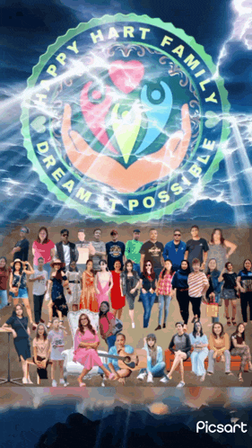 a group of people are standing in front of a logo that says happy hart family dream possible