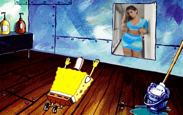 a cartoon of spongebob with a picture of a woman on the wall