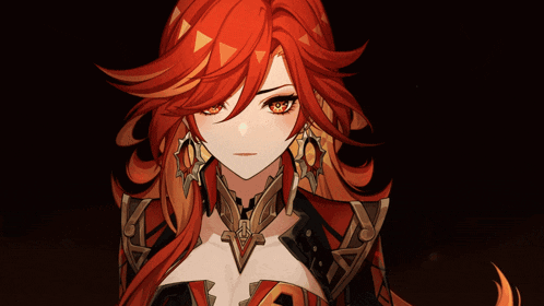 a girl with red hair and orange eyes is wearing a necklace