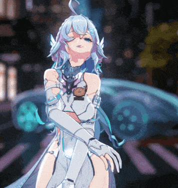 a girl with blue hair and white gloves stands in front of a blue car