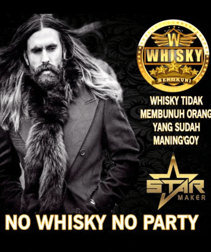 a man with long hair and a beard stands in front of a sign that says whisky
