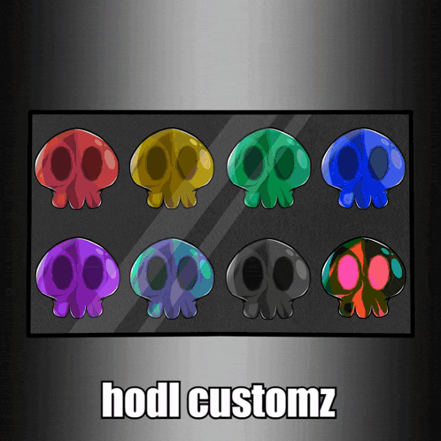 a set of colorful skulls with the words hodl customz underneath them