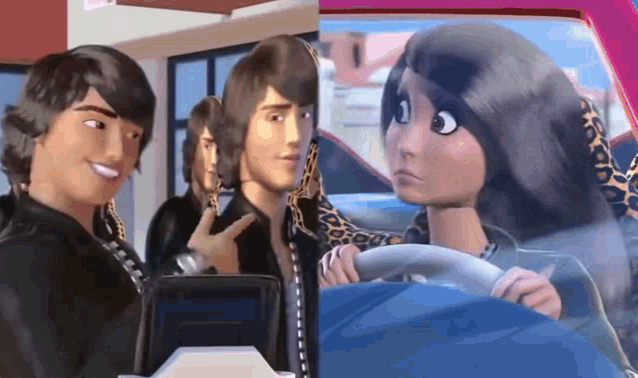 a group of cartoon characters are standing next to each other and one is driving a car