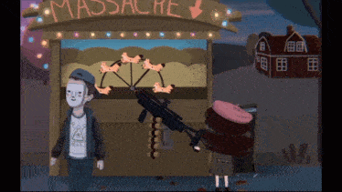 a man in a mask holds a gun in front of a massacre sign