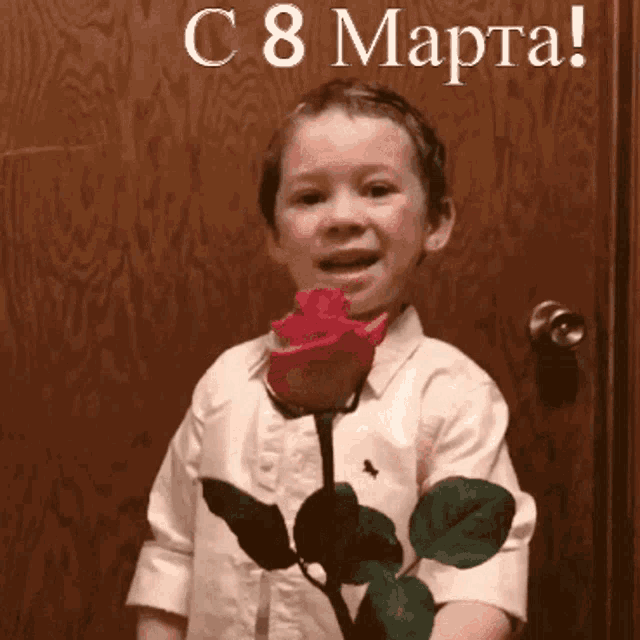 a young boy holds a red rose in front of a wooden door with the words c8 mapta written above him