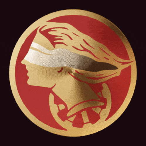 a gold and red circle with a woman 's head on it