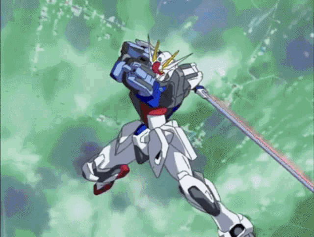 a robot is flying through the air with a sword .