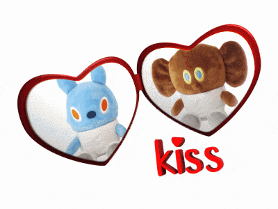 two stuffed animals in heart shaped frames with the word kiss underneath them