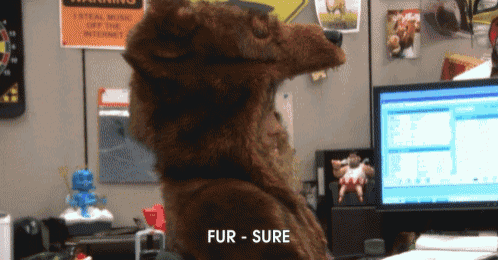 a stuffed animal wearing a bear costume says fur sure