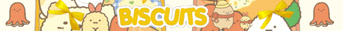 the word biscuits is on a white background with cartoon characters