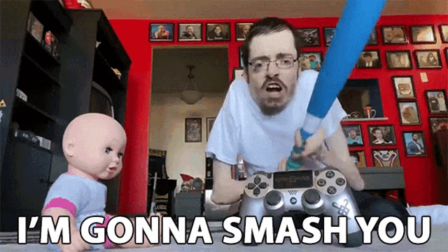 a man playing a video game with the words i 'm gonna smash you behind him