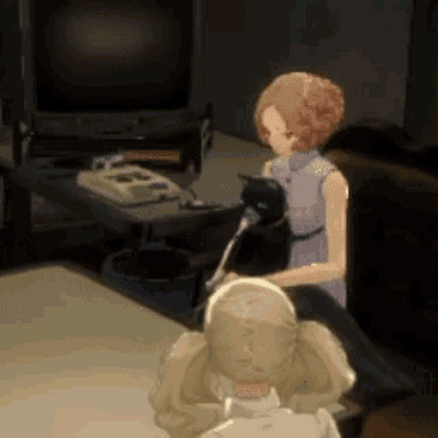 a cartoon character is sitting in front of a television with a microphone