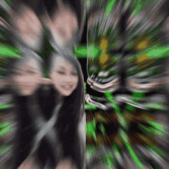 a blurry picture of a woman surrounded by green and gray lines