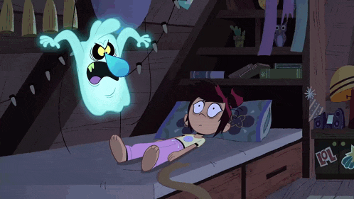 a cartoon drawing of a girl laying on a bed with a ghost behind her