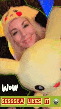 a woman wearing a pikachu hat is holding a stuffed animal with the words wow sesska likes it below her