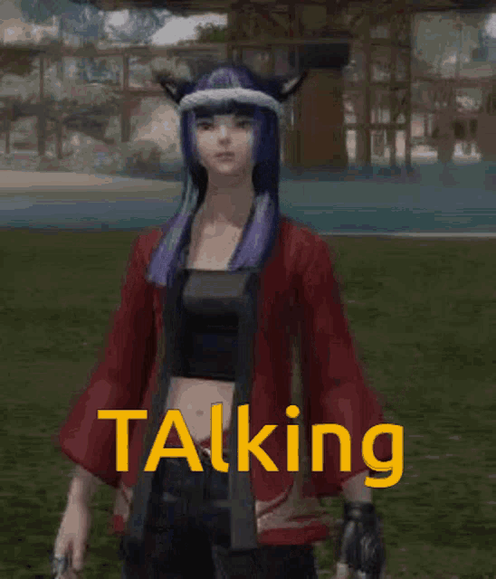a girl with purple hair and a red jacket is talking