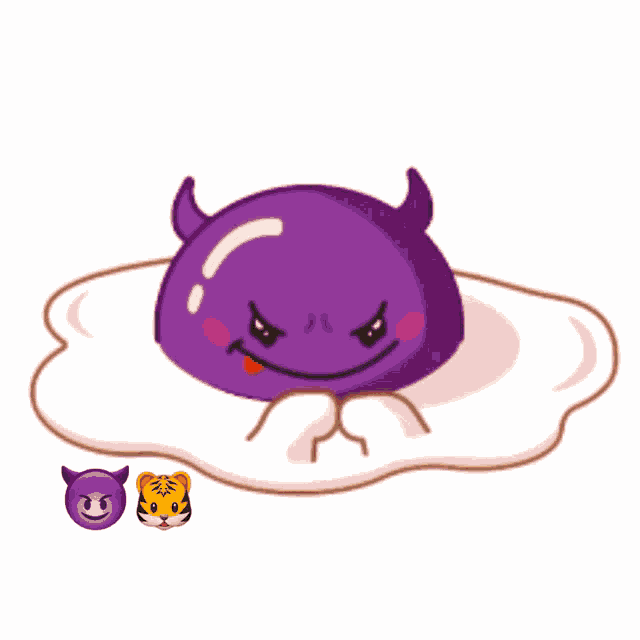 a cartoon illustration of a purple monster with horns laying in a white egg