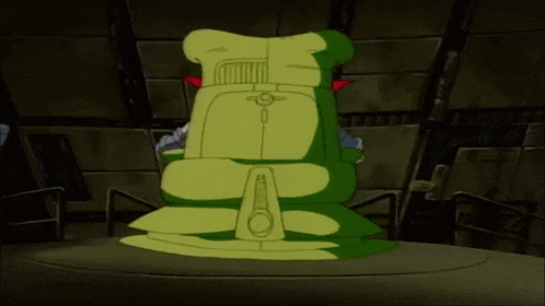 a cartoon character is sitting in a chair that looks like a crocodile