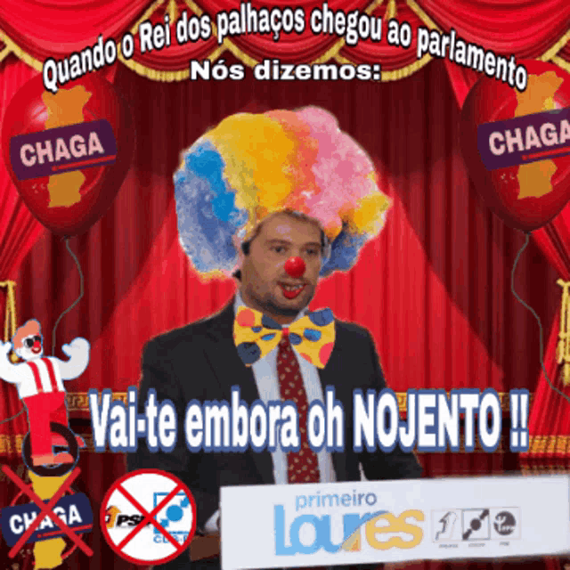 a man in a clown costume is giving a speech in front of balloons that say chaga