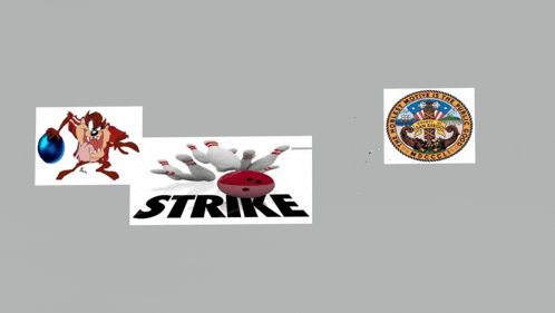 a bowling alley strike logo is surrounded by cartoon characters