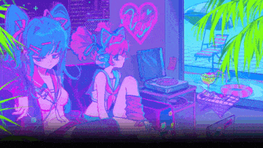 two anime girls are sitting on a couch next to a record player and a laptop .