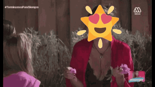a woman in a red jacket is holding flowers in front of her face with a star in her eyes and the word mega on the bottom
