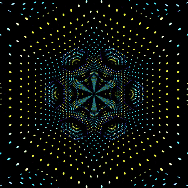 a black background with a kaleidoscope pattern of yellow and blue dots