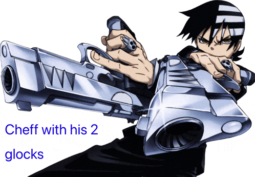 a cartoon character is holding a gun with the words chef with his 2 glocks below him