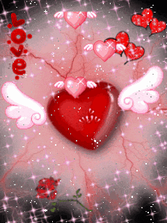 a red heart with pink wings is surrounded by other hearts