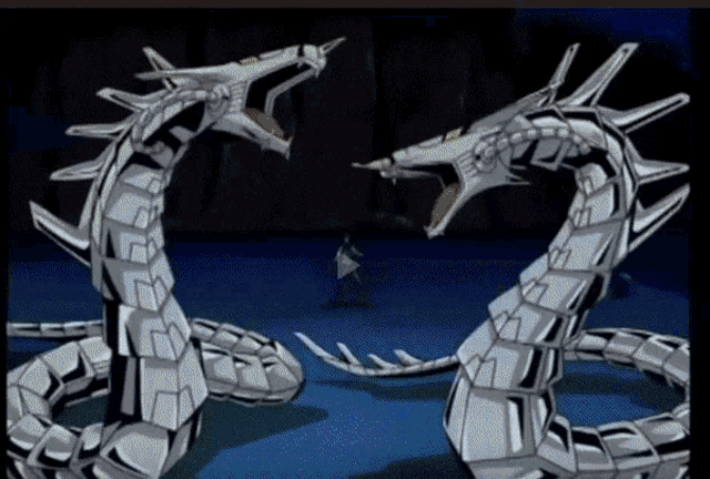 a cartoon of two silver dragons fighting each other