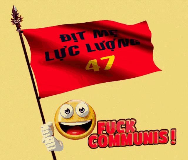 a red flag with the number 47 on it is being held up by a smiley face