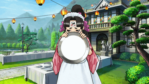 a girl in a maid outfit is holding a white plate in front of a building
