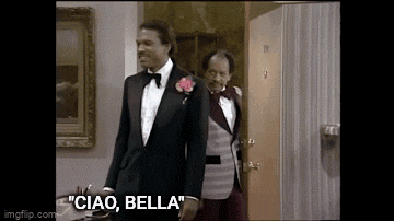 two men in tuxedos are standing next to each other and one of them says ciao bella