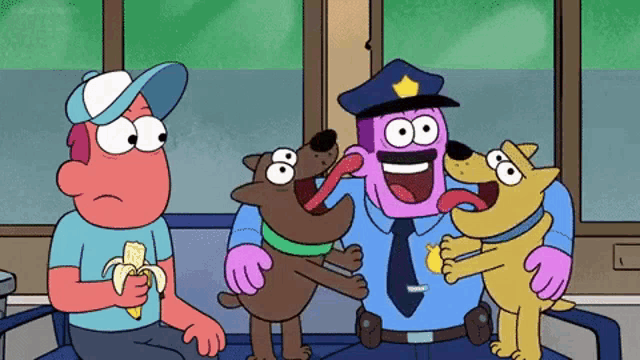 a cartoon of a police officer holding two dogs while a man holds a banana .