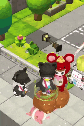 a video game scene with a black cat and a red teddy bear