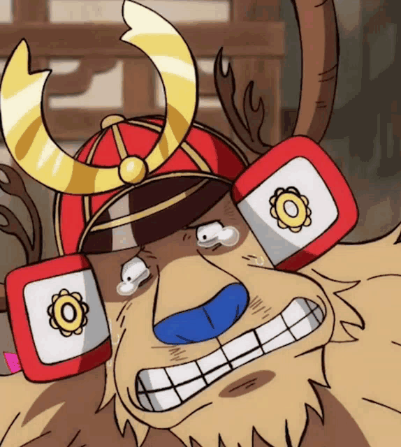 a cartoon character wearing a samurai hat and shield