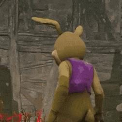 a yellow rabbit with purple eyes and a purple vest is standing in front of a building .