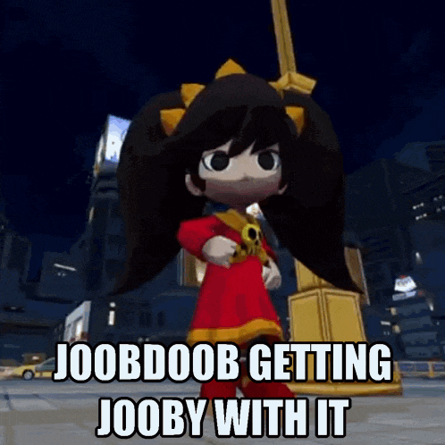 a cartoon character is standing in front of a statue and says joobdob getting jooby with it .
