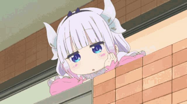 a girl with horns is looking over a wall