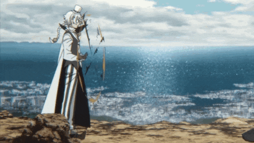 a man in a top hat is standing on a rock near the ocean