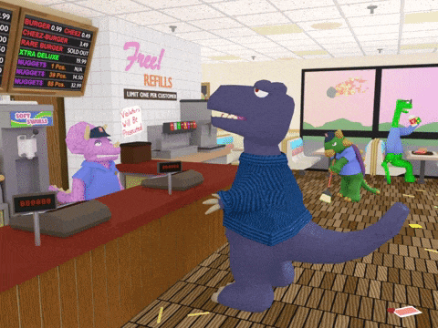 a cartoon drawing of a diner with a sign that says free refills