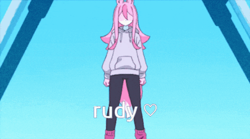 a cartoon of a girl with pink wings and the word rudy