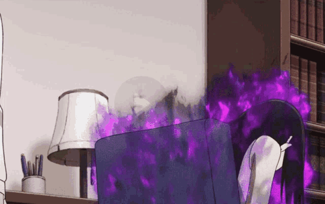 a person is sitting in a chair with purple flames surrounding them