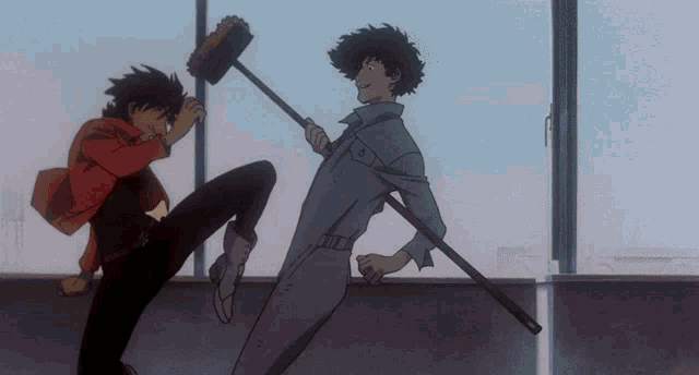 cowboy bebop spike is holding a broom and kicking a man