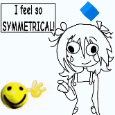 a black and white drawing of a girl standing next to a smiley face and a cube .