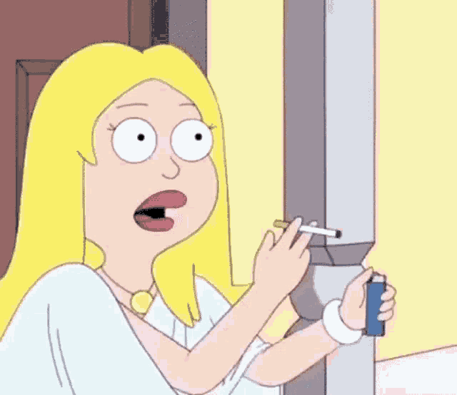 a cartoon woman with blonde hair is applying lipstick and holding a lighter
