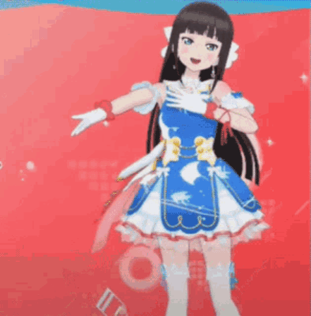 a girl in a blue and white dress with the letter b on the front